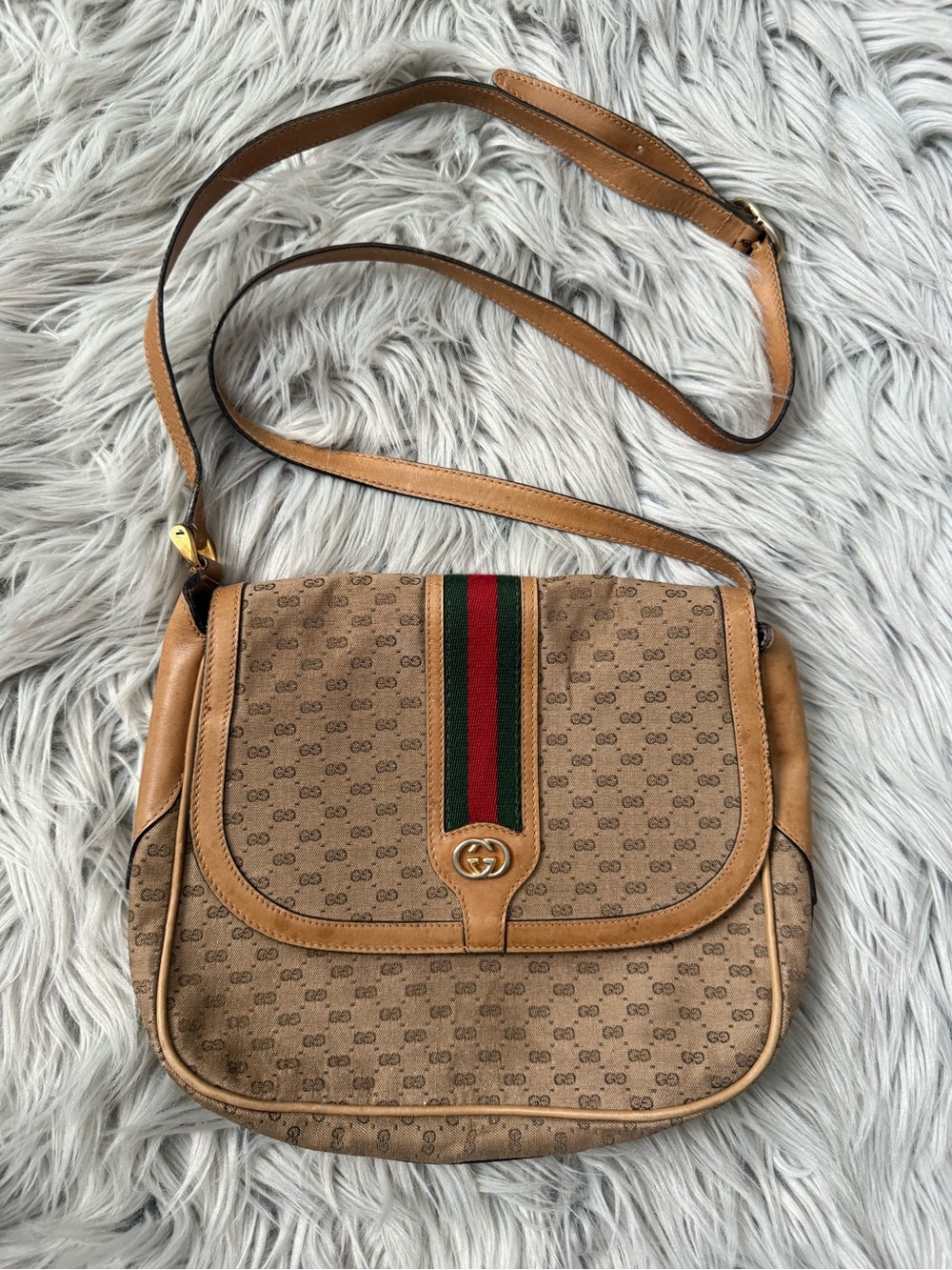 GUCCI Vintage Micro GG Monogram Sherry Canvas Web Stripe Crossbody Shoulder Bag